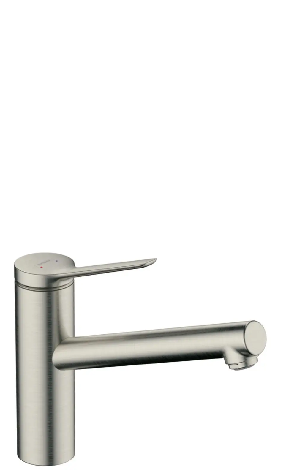 Küchenarmatur in Edelstahl-Optik mit einem schwenkbaren Auslauf und einem Hebel zur Temperatureinstellung, hergestellt von Hansgrohe.